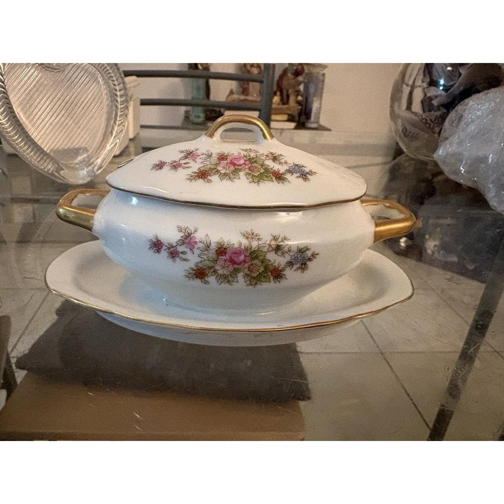 Vintage Lefton 7157 Mini Tureen Sauce Gravy Boat Attached Underplate Lid